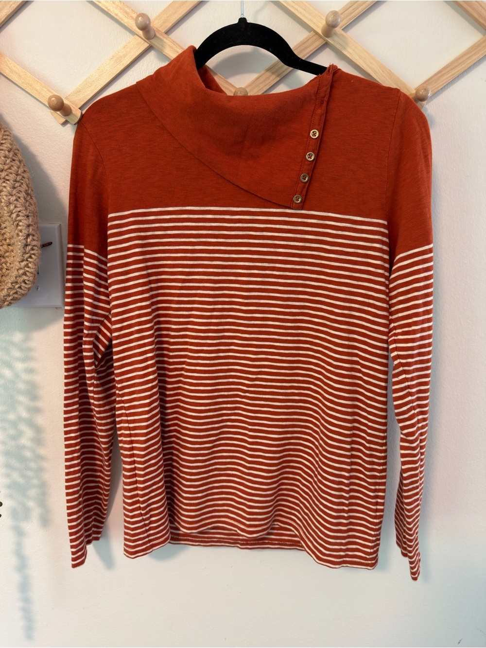 J.Crew Funnel Neck Button Striped Top L Burnt Orange